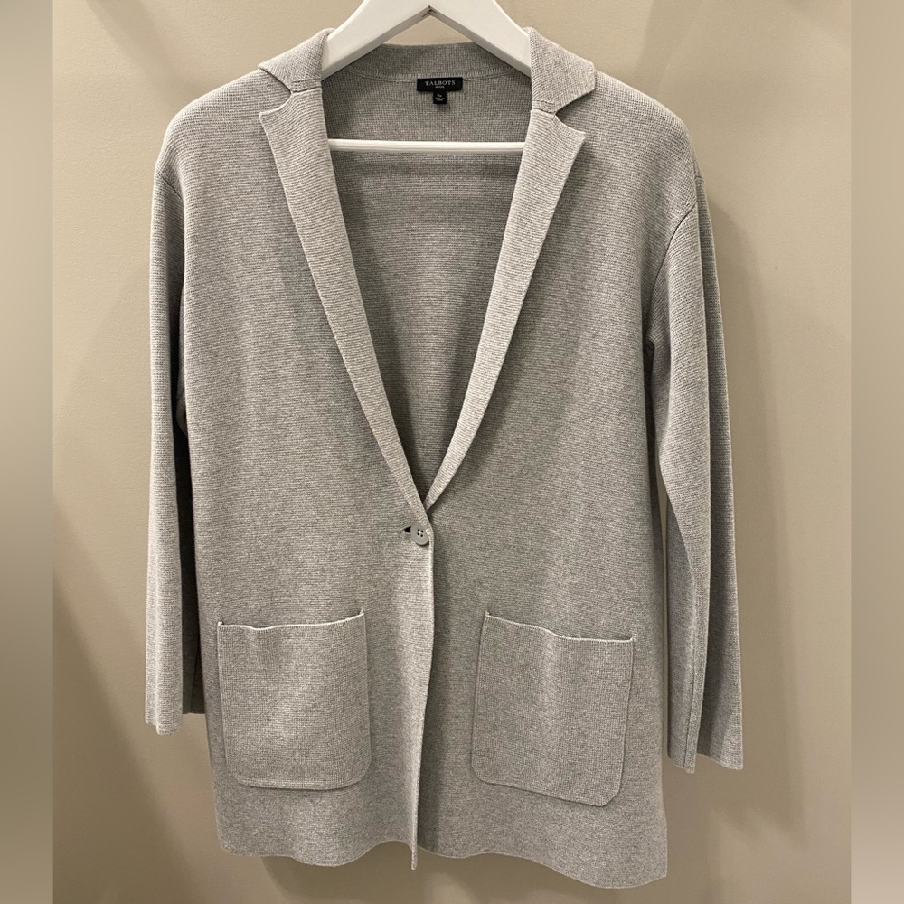 Talbots Heather Gray Open Front Knit Blazer Cardigan